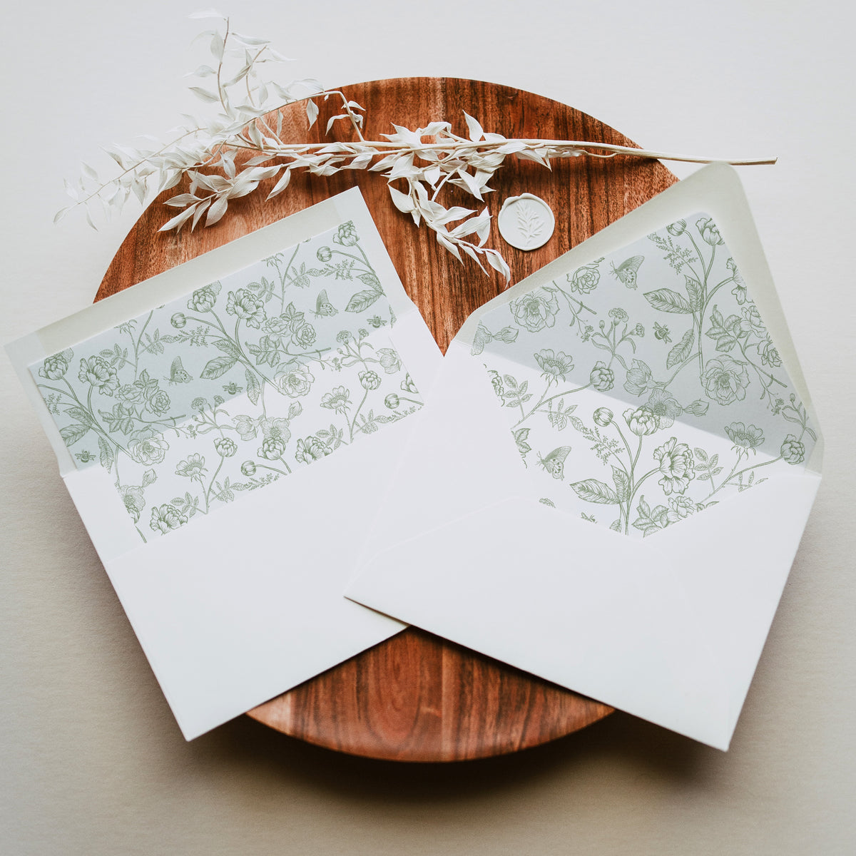 Elegant Sage Green Chinoiserie Floral Wedding Envelope Liner Template Bundle
