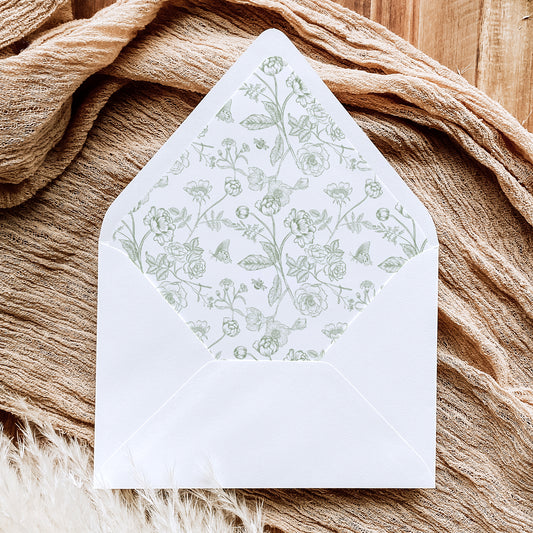 Elegant Sage Green Chinoiserie Floral Wedding Envelope Liner Template Bundle