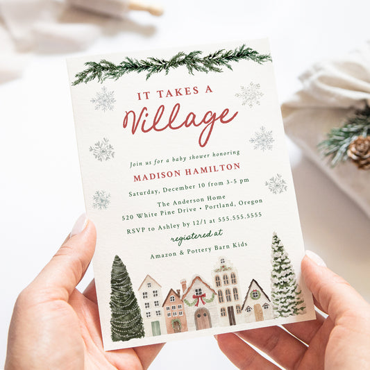 It Takes a Village Snowflake Winter Baby Shower Invitation | Corjl Template
