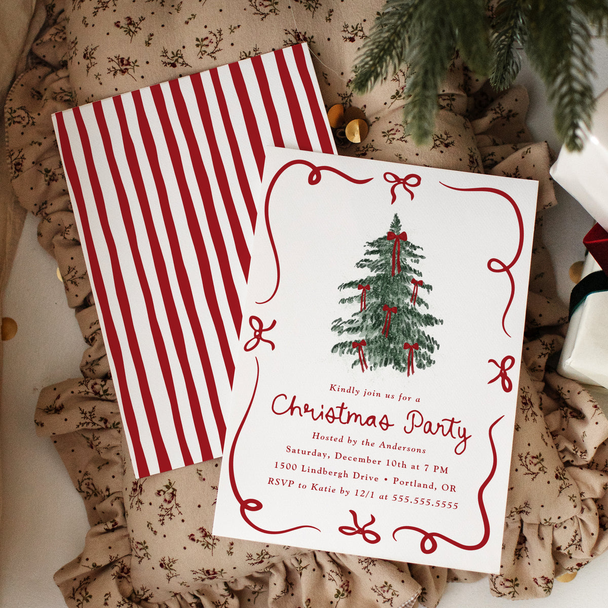 Whimsical Christmas Tree Red Bows Christmas Party Invitation Template