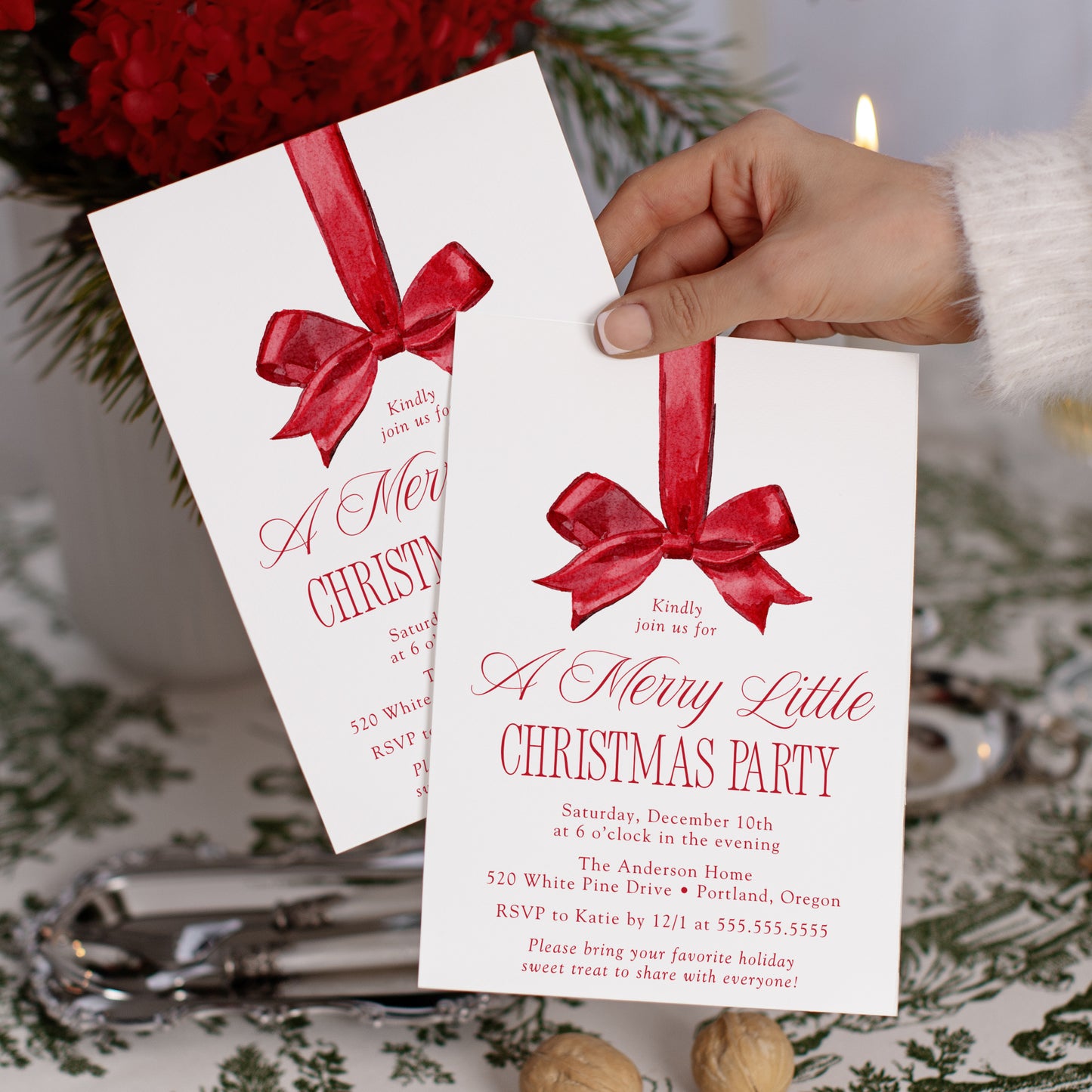 Elegant Red Bow Merry Little Christmas Party Invitation | Canva Template