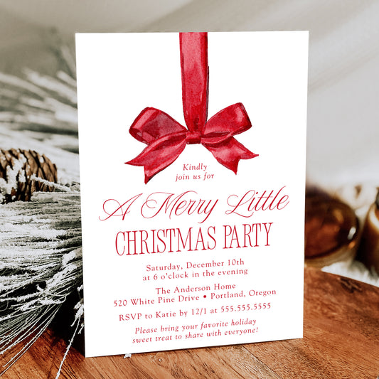 Elegant Red Bow Merry Little Christmas Party Invitation | Canva Template