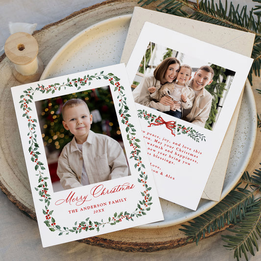 Elegant Holly Berries and Greenery 2 Photo Holiday Card | Corjl Template