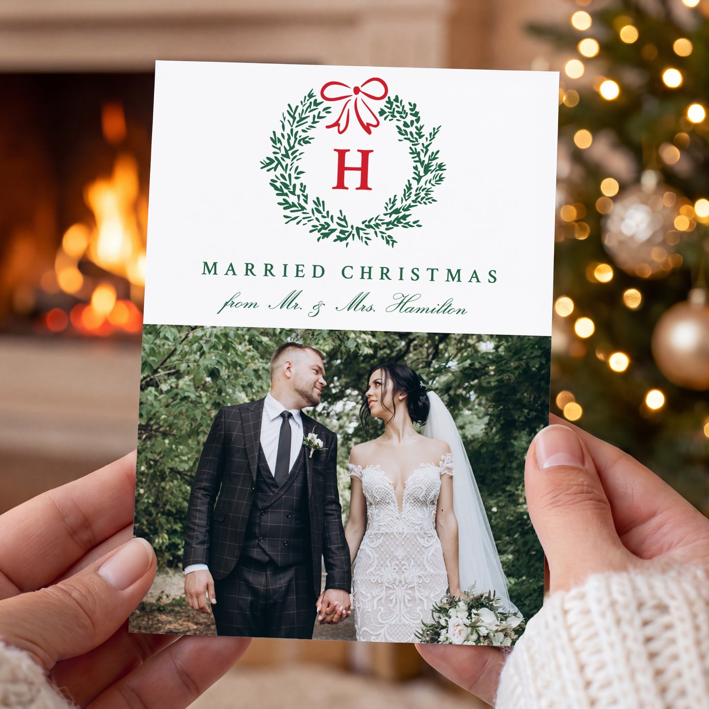 Elegant Married Christmas Wreath Monogram 4 Photo Holiday Card | Corjl Template