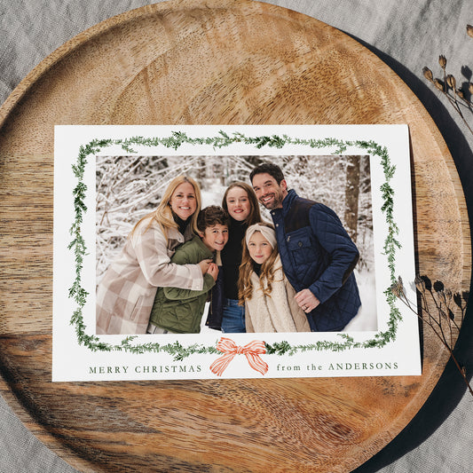 Elegant Red Bow Greenery Garland Holiday Photo Card | Canva Template