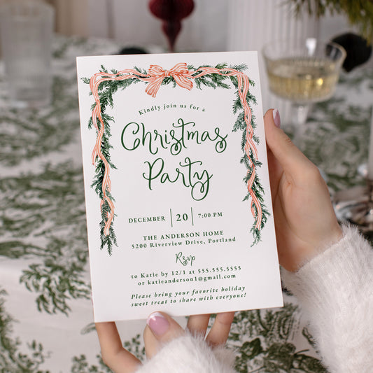 Elegant Red Striped Bow Greenery Christmas Party Invitation | Corjl Template