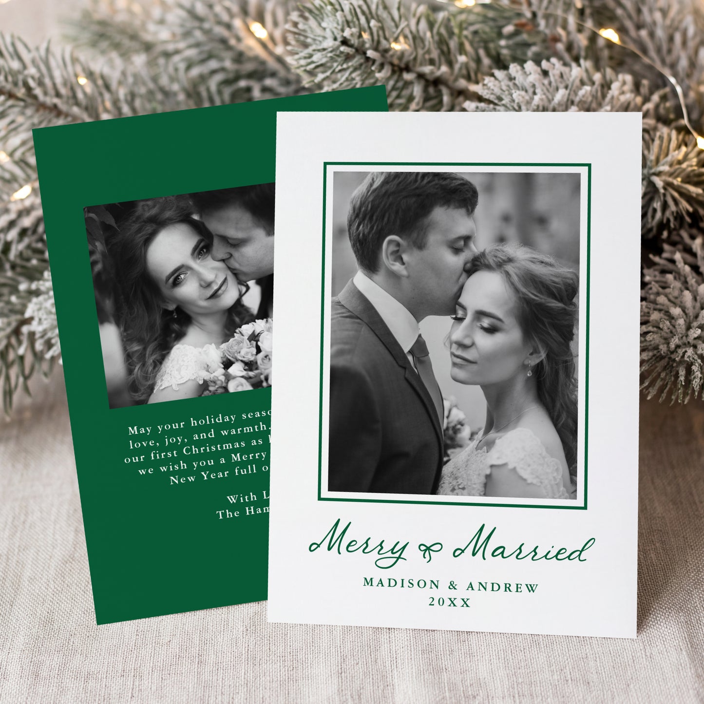 Elegant Merry and Married Green Bow Newlywed Christmas Photo Card | Corjl Template
