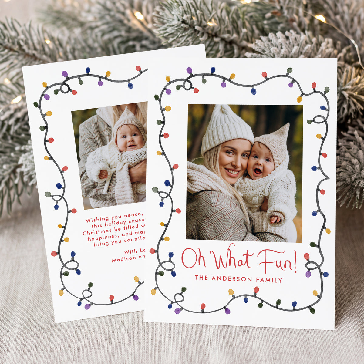 Oh What Fun Whimsical Christmas Lights Holiday Photo Card Template