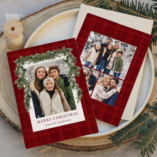 Rustic Red Plaid Greenery Christmas 4 Photo Holiday Card | Corjl Template