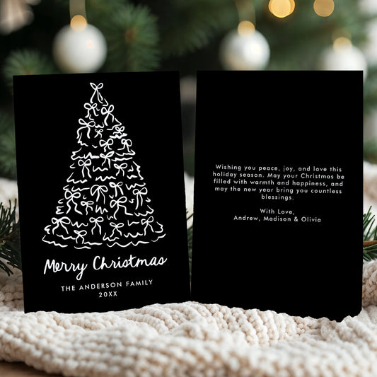 Whimsical Christmas Tree Bows Black Non-Photo Holiday Card | Corjl Template