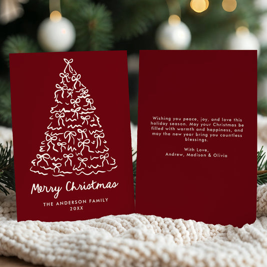 Whimsical Christmas Tree Bows Cranberry Non-Photo Holiday Card | Corjl Template