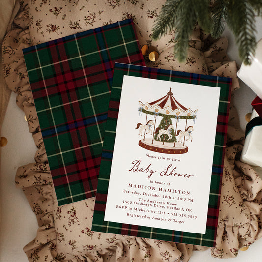 Vintage Christmas Carousel Tartan Baby Shower Invitation Template