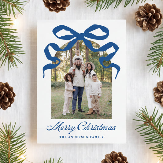 Whimsical Blue Bow Arch Photo Year in Review Christmas Card Template