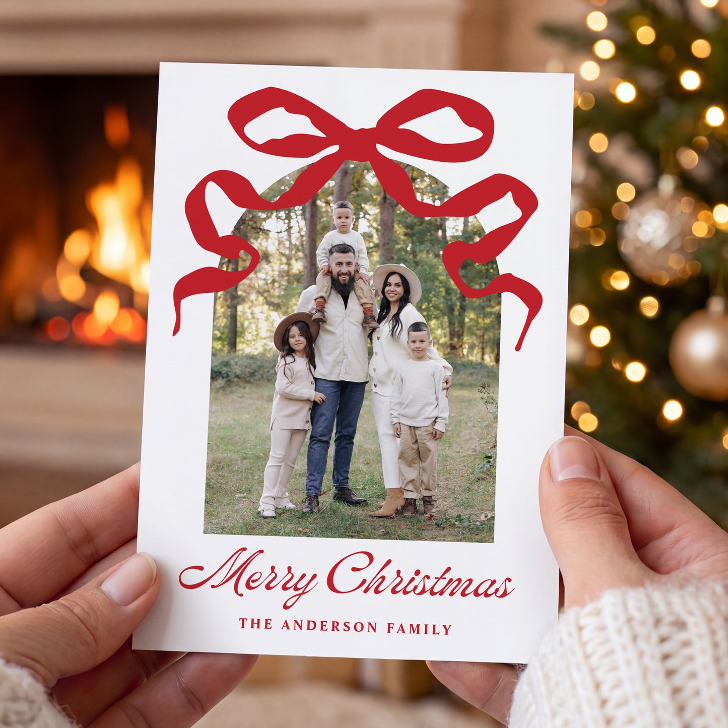 Whimsical Hand-Drawn Red Bow Arch Photo Christmas Card | Corjl Template