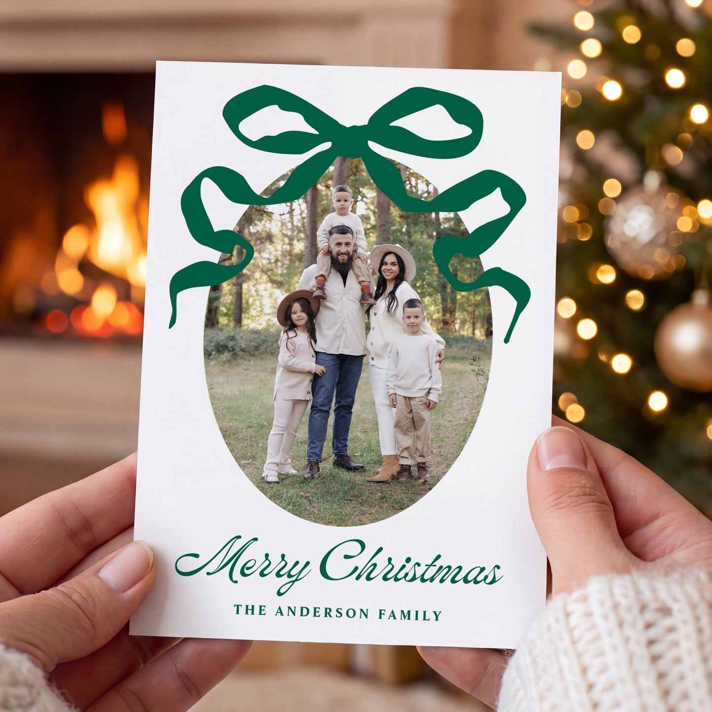 Whimsical Hand-Drawn Green Bow 5 Photo Christmas Card | Corjl Template