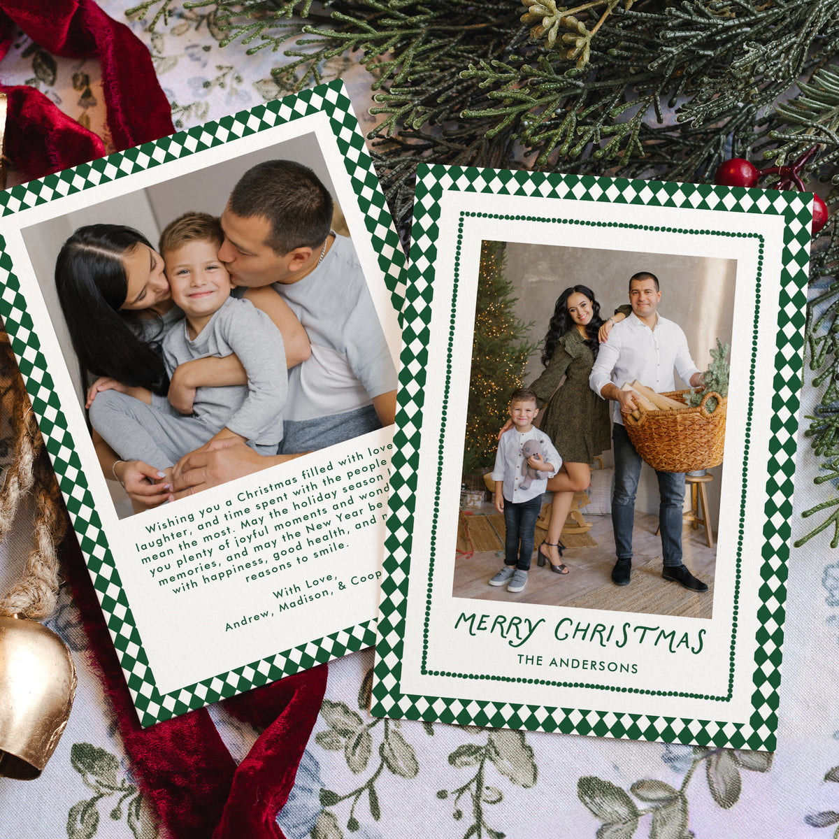 Whimsical Green Diamond Pattern 2 Photo Christmas Card Template