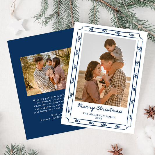 Whimsical Hand-Drawn Navy Bow Frame 2 Photo Holiday Card | Corjl Template
