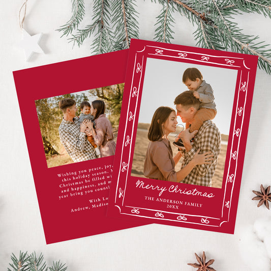 Whimsical Hand-Drawn Bow Frame Red 2 Photo Holiday Card | Corjl Template