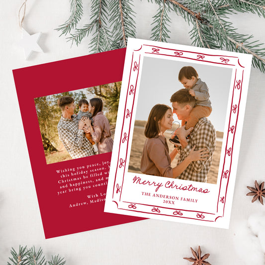 Whimsical Hand-Drawn Red Bow Frame 2 Photo Holiday Card | Corjl Template