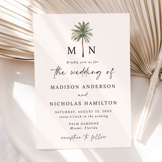 Minimal Palm Tree Cream Monogram Photo Wedding Invitation | Corjl Template