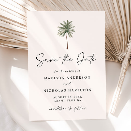 Minimalist Palm Tree Cream Photo Wedding Save the Date Card | Corjl Template