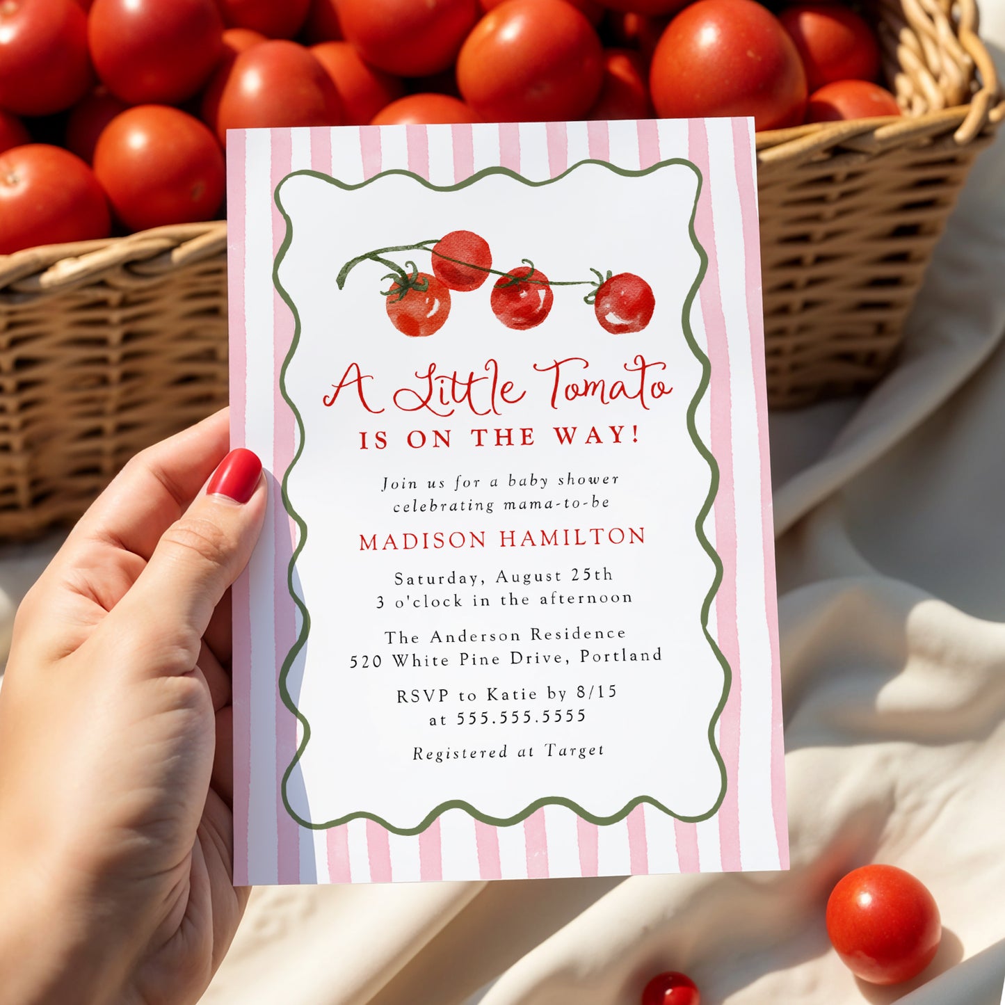A Little Tomato Is on the Way Pink Baby Shower Invitation | Corjl Template