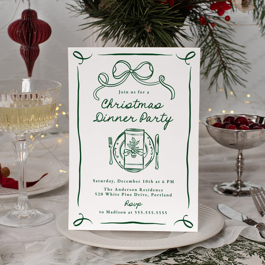 Whimsical Green Bow Christmas Dinner Party Invitation | Corjl Template