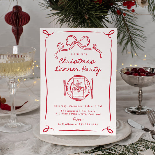 Whimsical Red Bow Christmas Dinner Party Invitation | Corjl Template
