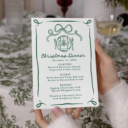 Whimsical Hand-Drawn Green Bow Christmas Dinner Menu | Corjl Template