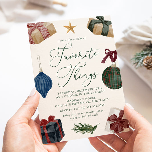Elegant Watercolor Favorite Things Christmas Party Invitation | Corjl Template