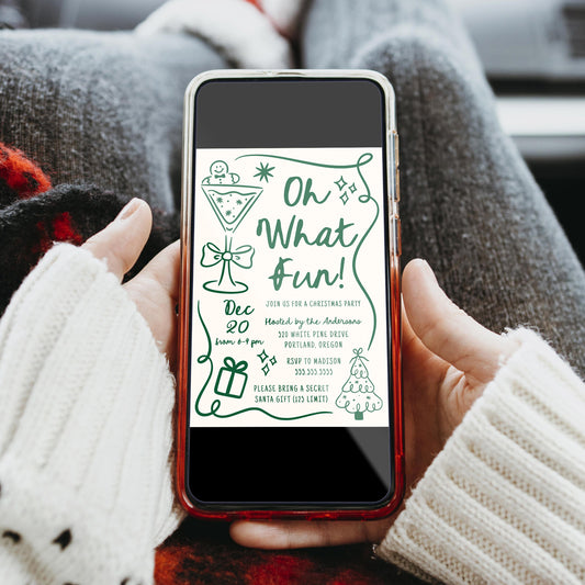 Whimsical Hand-Drawn Green Oh What Fun Christmas Party Invitation | Corjl Template