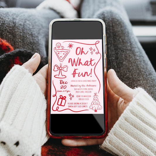 Whimsical Hand-Drawn Pink and Red Oh What Fun Christmas Party Invitation | Corjl Template