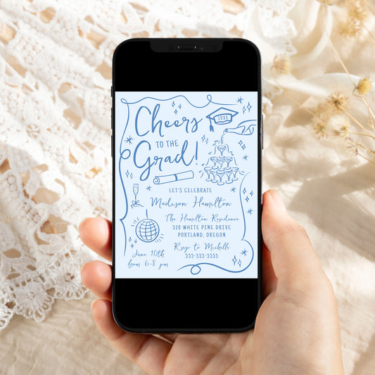 Whimsical Blue Doodles Photo Graduation Party Invitation | Corjl Template