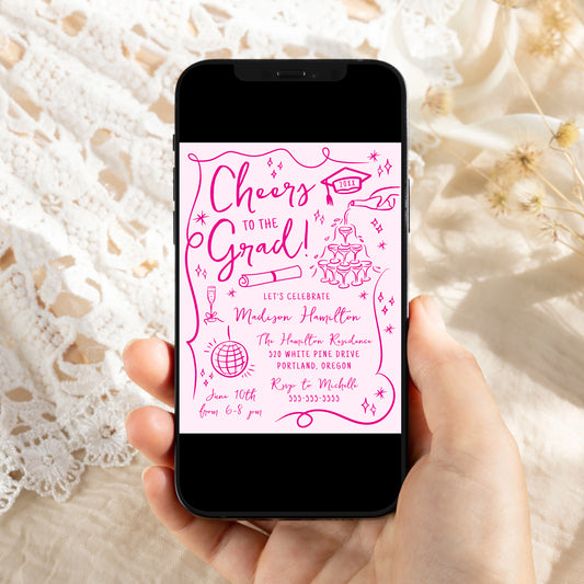 Whimsical Pink Doodles Photo Graduation Party Invitation | Corjl Template
