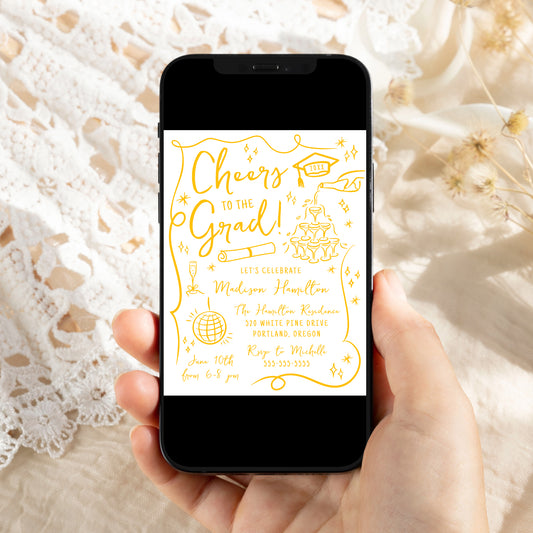 Whimsical Yellow Doodles Photo Graduation Party Invitation | Corjl Template
