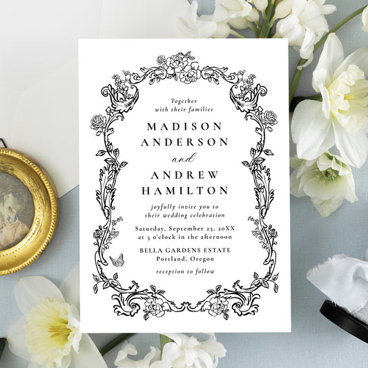 Elegant Black Victorian Floral All-In-One Wedding Invitation | Corjl Template