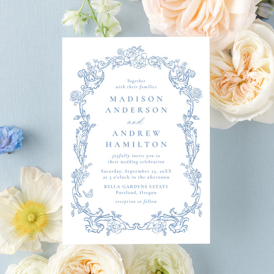 Elegant Dusty Blue Victorian Floral All-In-One Wedding Invitation | Corjl Template