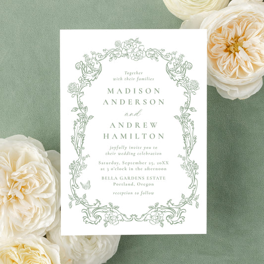 Elegant Sage Green Victorian Floral All-In-One Wedding Invitation | Corjl Template