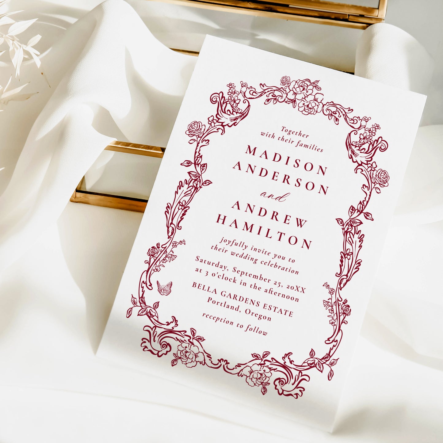 Elegant Burgundy Victorian Floral Frame Wedding Invitation | Corjl Template