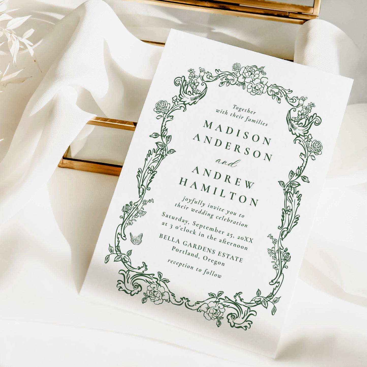 Elegant Green Victorian Floral Frame Wedding Invitation | Corjl Template