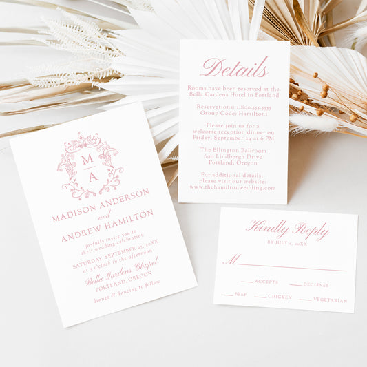 Elegant Rose Pink Chinoiserie Wedding Suite | Corjl Template