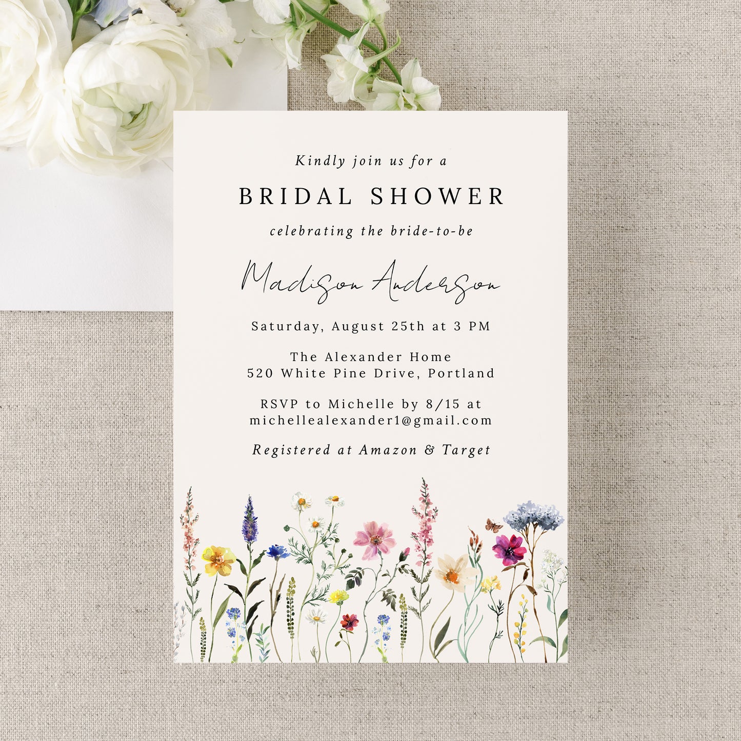 Elegant Wildflower Meadow Cream Bridal Shower Invitation | Corjl Template