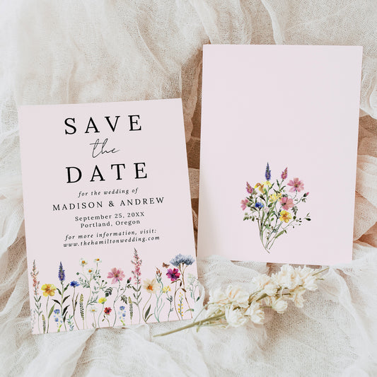 Elegant Wildflower Meadow Blush Pink Wedding Save The Date Card | Corjl Template