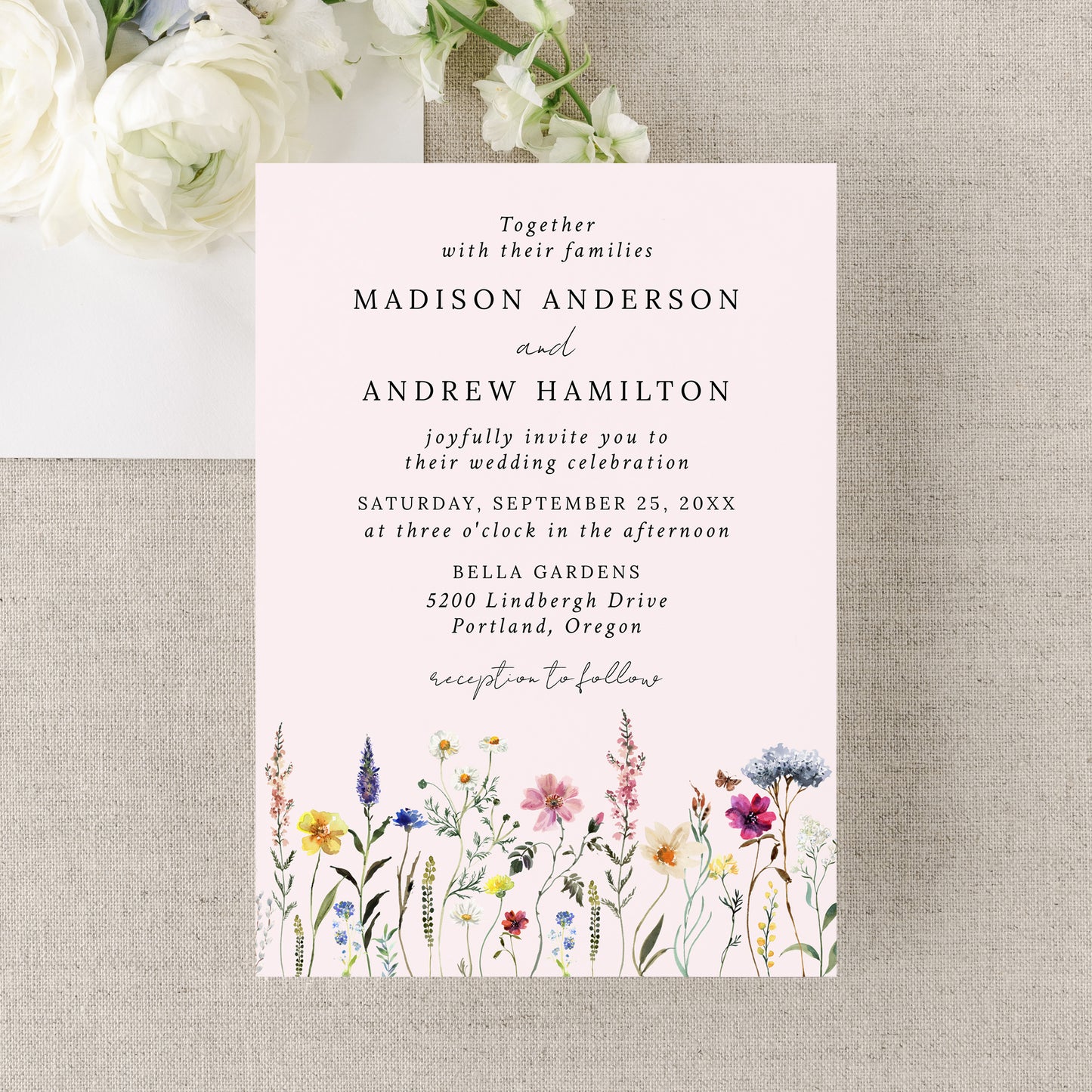 Elegant Wildflower Meadow Blush Pink Wedding Invitation | Corjl Listing