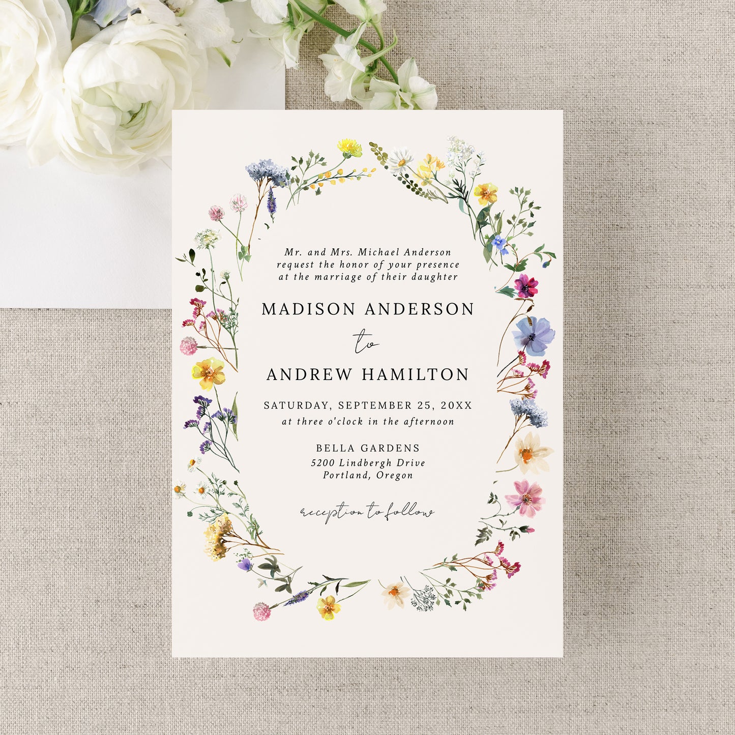 Elegant Wildflower Meadow Wreath Cream Wedding Invitation | Corjl Template