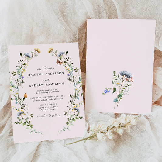 Elegant Wildflower Meadow Wreath Blush Pink Wedding Invitation | Corjl Template