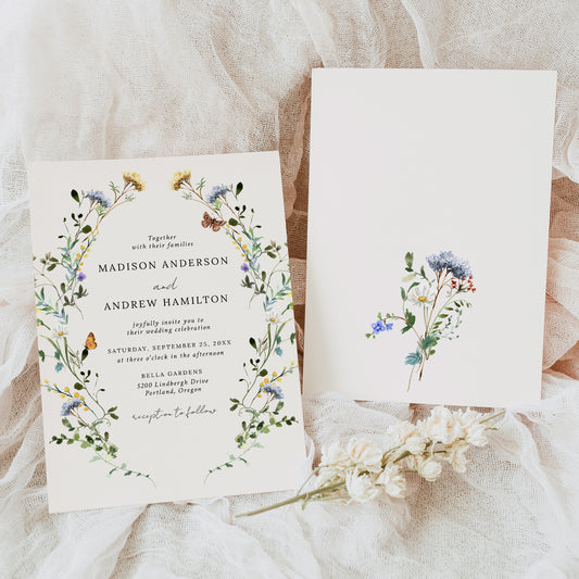 Elegant Wildflower Meadow Wreath Cream Wedding Invitation | Corjl Template