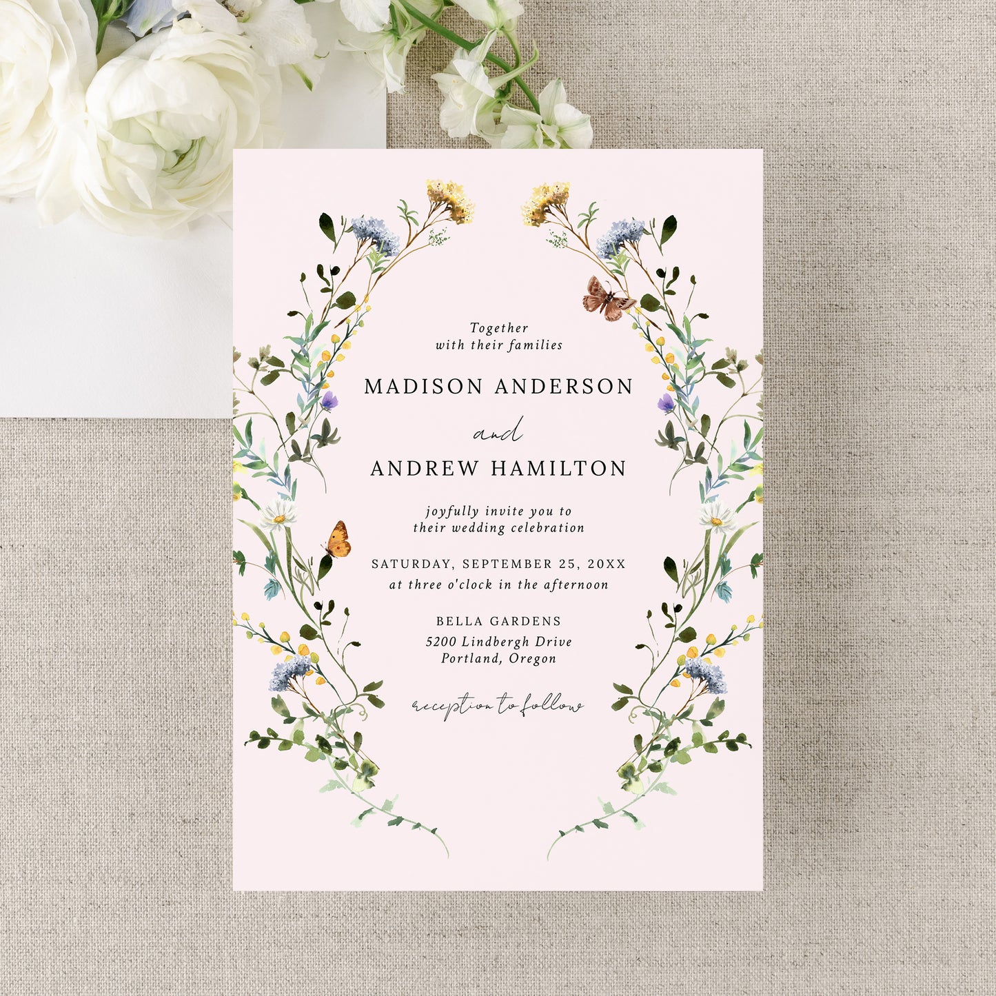 Elegant Wildflower Meadow Wreath Blush Pink Wedding Invitation | Corjl Template