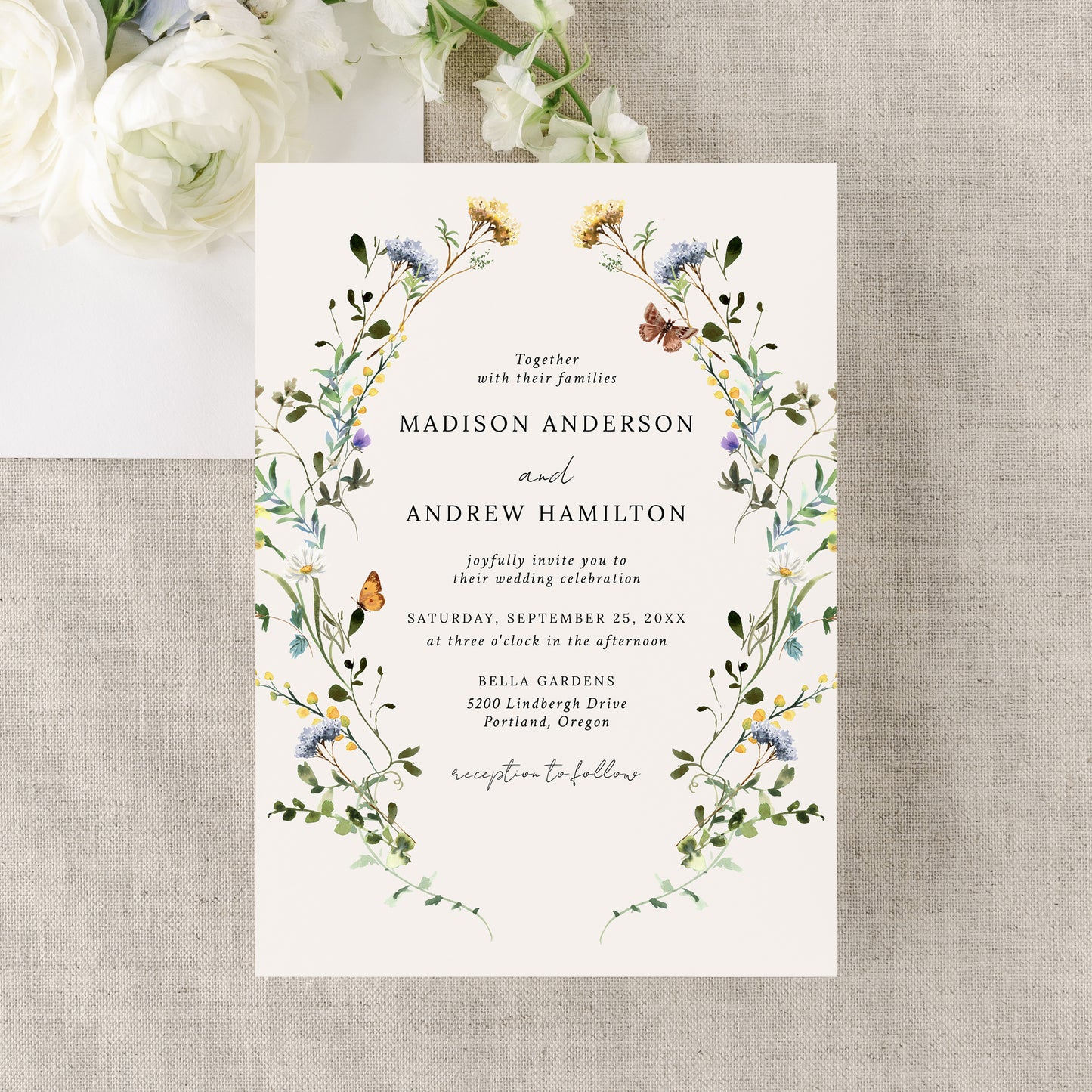 Elegant Wildflower Meadow Wreath Cream Wedding Invitation | Corjl Template