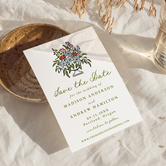 Elegant Tuscan Sunset Blooms Photo Save The Date Card | Corjl Template